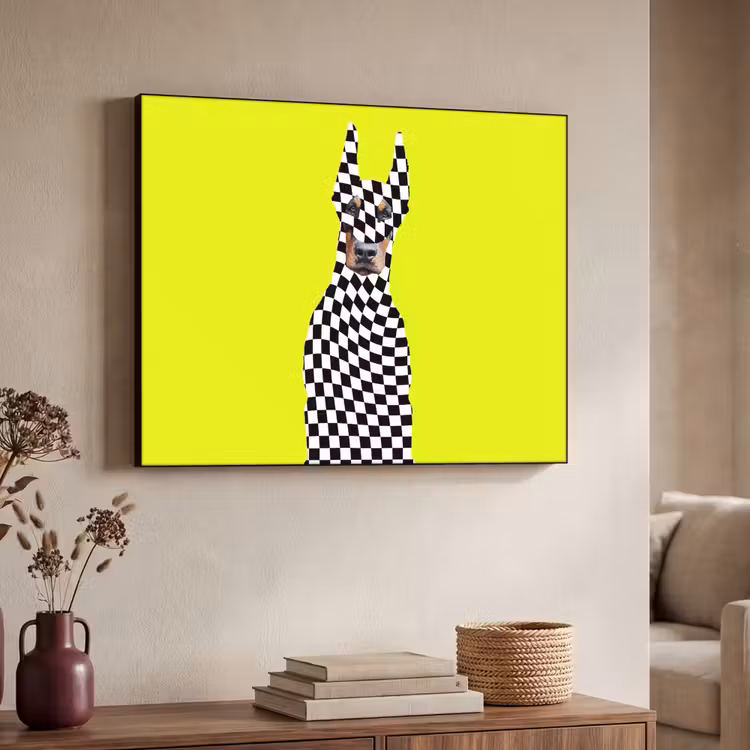 Dobermann - Geblokt - Geel Textielframe zwart klein -sfeer3