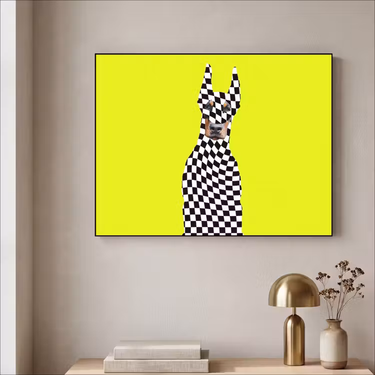 Dobermann - Geblokt - Geel Textielframe zwart klein -sfeer2