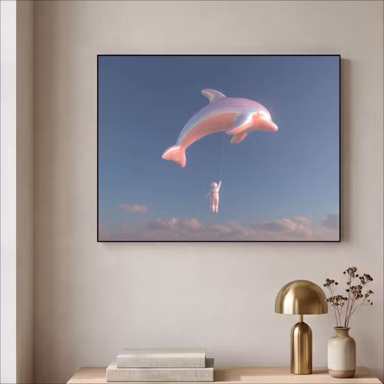 Dolfijn - Roze - Astronaut Textielframe zwart klein -sfeer2