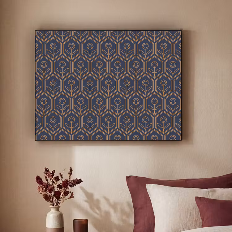 Donkerblauw - Patroon - Bloem - Symmetrisch Textielframe zwart klein 947 -sfeer1