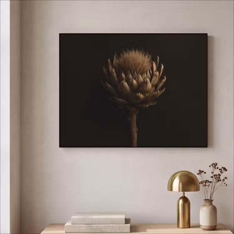 Donkerbruin - Bloem - Textuur - Artisjok Textielframe - compleet frame klein -sfeer2