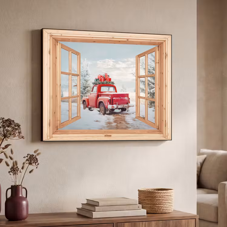 Doorkijk - Auto - Kerst - Cadeaus - Winter - Landschap Textielframe zwart klein -sfeer3
