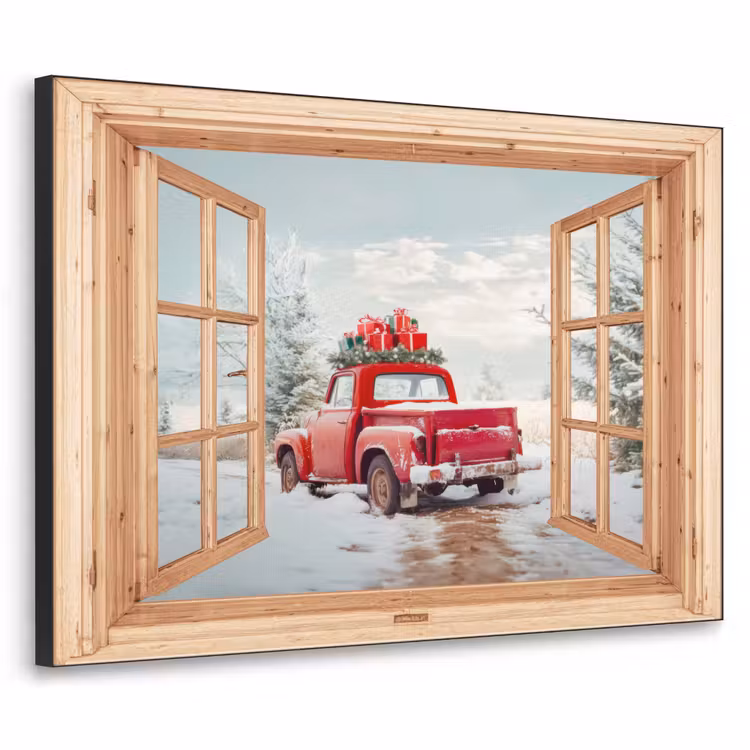 Doorkijk - Auto - Kerst - Cadeaus - Winter - Landschap Textielframe zwart klein -3d