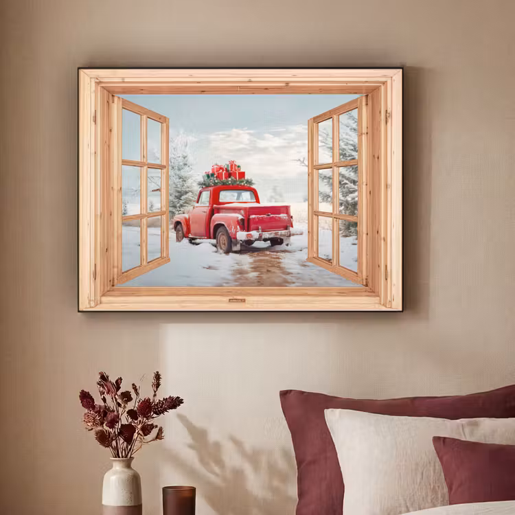 Doorkijk - Auto - Kerst - Cadeaus - Winter - Landschap Textielframe zwart klein -sfeer1