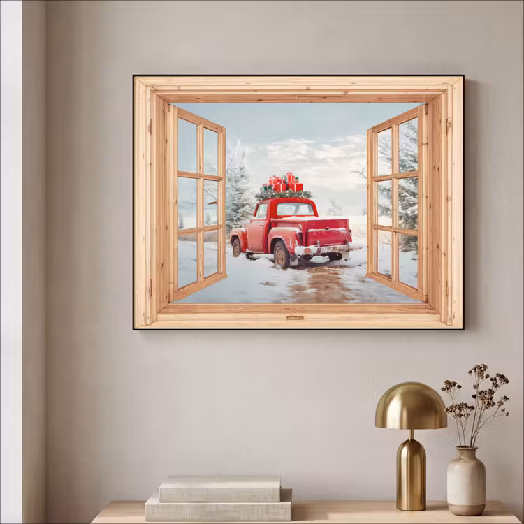 Doorkijk - Auto - Kerst - Cadeaus - Winter - Landschap Textielframe - compleet frame klein -sfeer2