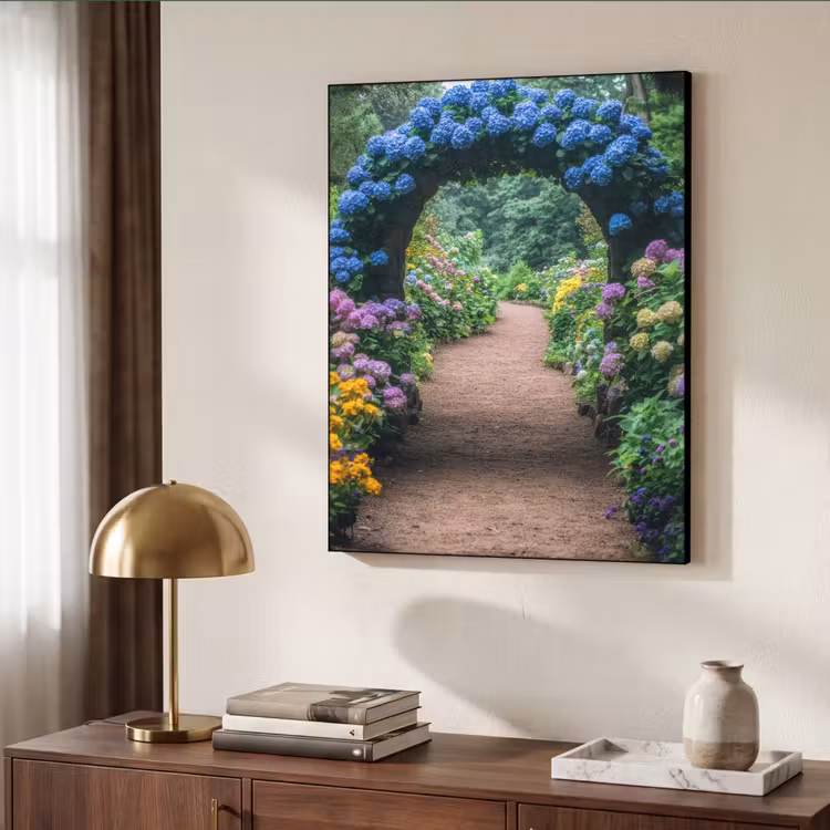 Doorkijk - Bloemen - Hortensia - Pad Textielframe zwart klein -sfeer3