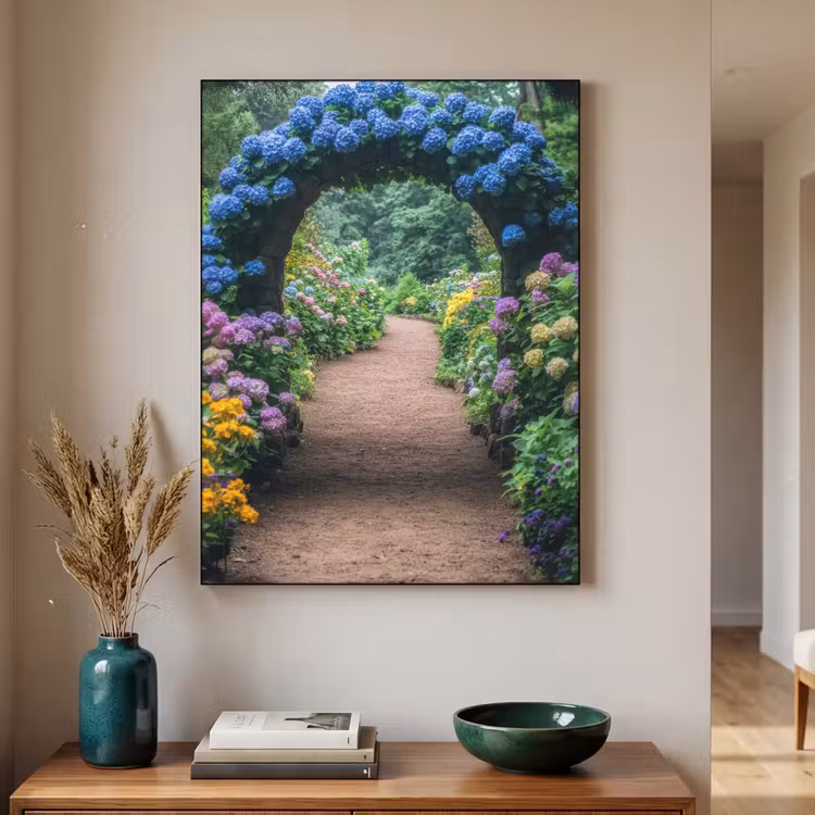 Doorkijk - Bloemen - Hortensia - Pad Textielframe zwart klein -sfeer1