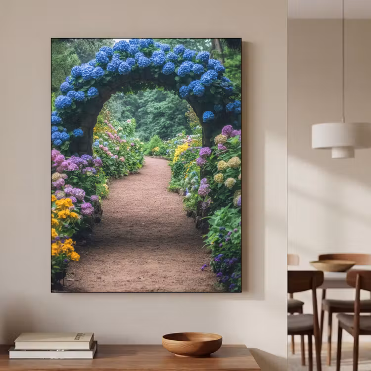 Doorkijk - Bloemen - Hortensia - Pad Textielframe zwart klein -sfeer2