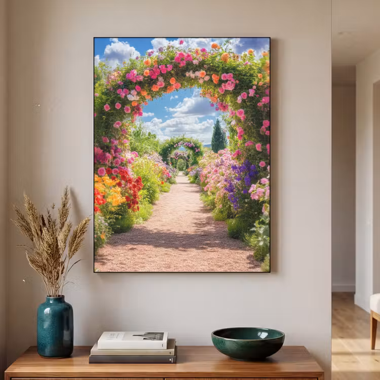 Doorkijk - Bloemen - Kleurrijk - Natuur Textielframe zwart klein -sfeer1