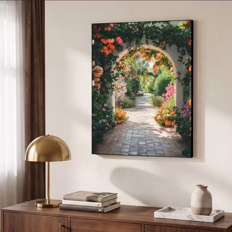 Doorkijk - Bloemen - Natuur - Bloementuin Textielframe zwart klein -sfeer3