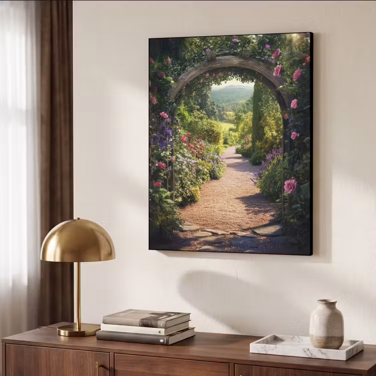 Doorkijk - Bloemen - Natuur - Rozenboog Textielframe zwart klein -sfeer3