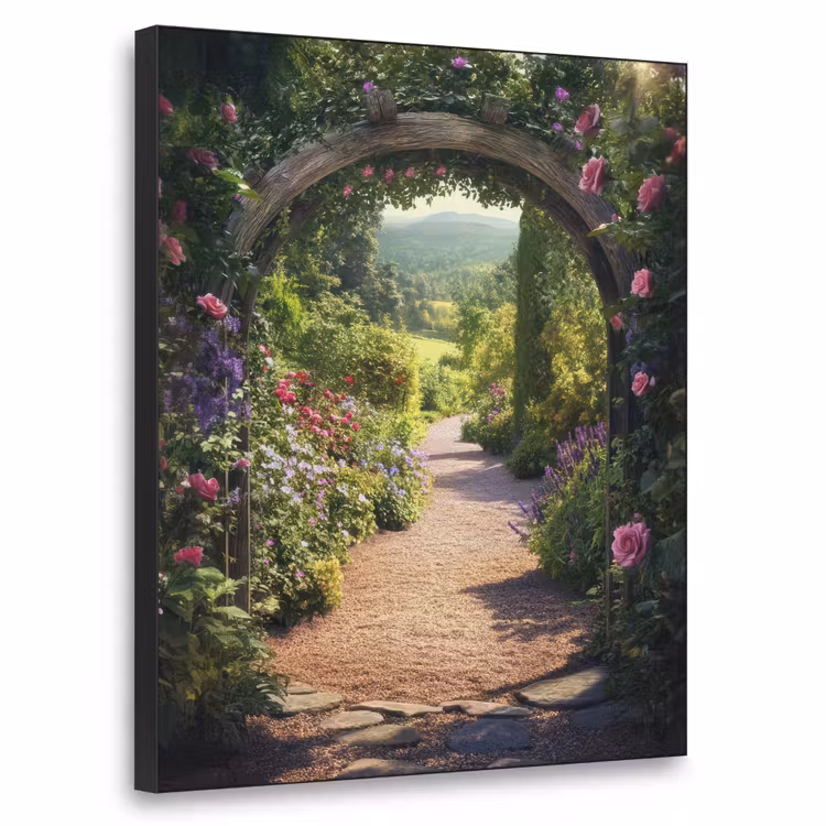 Doorkijk - Bloemen - Natuur - Rozenboog Textielframe zwart klein -3d