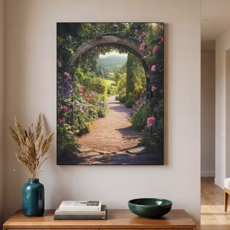 Doorkijk - Bloemen - Natuur - Rozenboog Textielframe - compleet frame klein -sfeer1