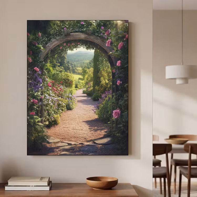 Doorkijk - Bloemen - Natuur - Rozenboog Textielframe zwart klein -sfeer2