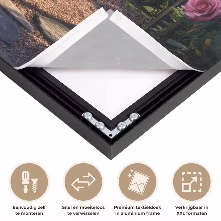 Doorkijk - Bloemen - Natuur - Rozenboog Textielframe zwart klein -USP_closeupNL