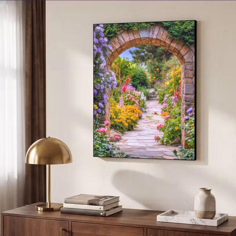 Doorkijk - Bloemen - Pad - Natuur Textielframe zwart klein -sfeer3