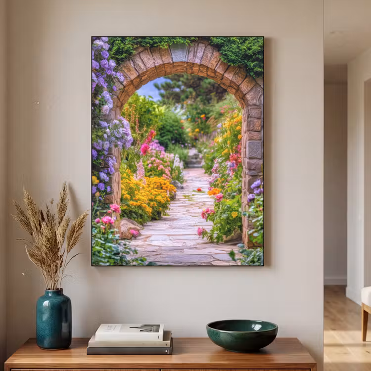 Doorkijk - Bloemen - Pad - Natuur Textielframe zwart klein -sfeer1