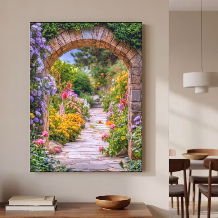 Doorkijk - Bloemen - Pad - Natuur Textielframe zwart klein -sfeer2