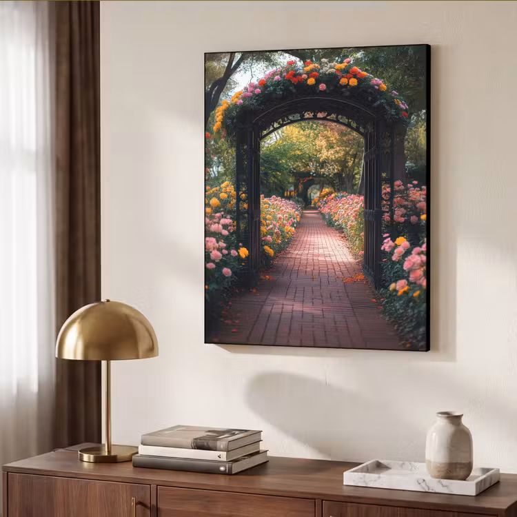 Doorkijk - Bloemen - Pad - Natuur - Kleurrijk Textielframe - compleet frame klein -sfeer3