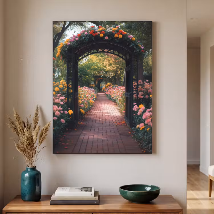 Doorkijk - Bloemen - Pad - Natuur - Kleurrijk Textielframe - compleet frame klein -sfeer1
