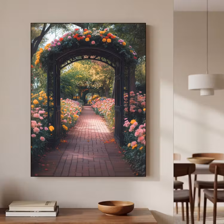 Doorkijk - Bloemen - Pad - Natuur - Kleurrijk Textielframe - compleet frame klein -sfeer2