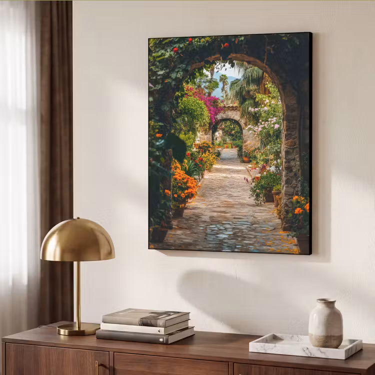 Doorkijk - Bloemen - Poort - Stenen Textielframe - compleet frame klein -sfeer3