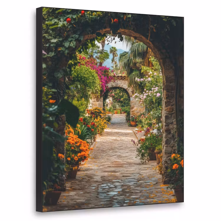 Doorkijk - Bloemen - Poort - Stenen Textielframe zwart klein -3d