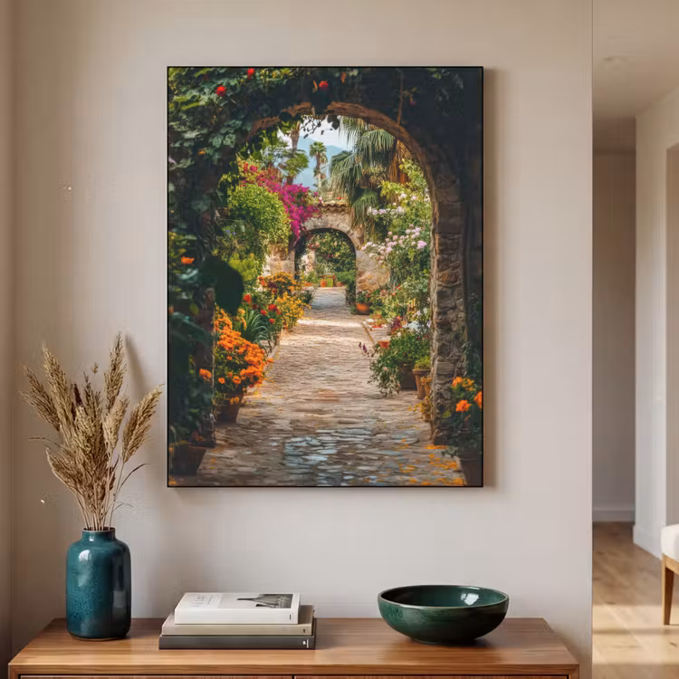 Doorkijk - Bloemen - Poort - Stenen Textielframe zwart klein -sfeer1