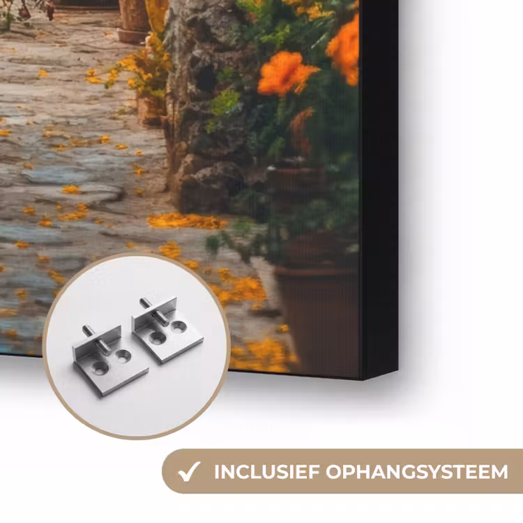 Doorkijk - Bloemen - Poort - Stenen Textielframe zwart klein -USP_ophangsysteemNL