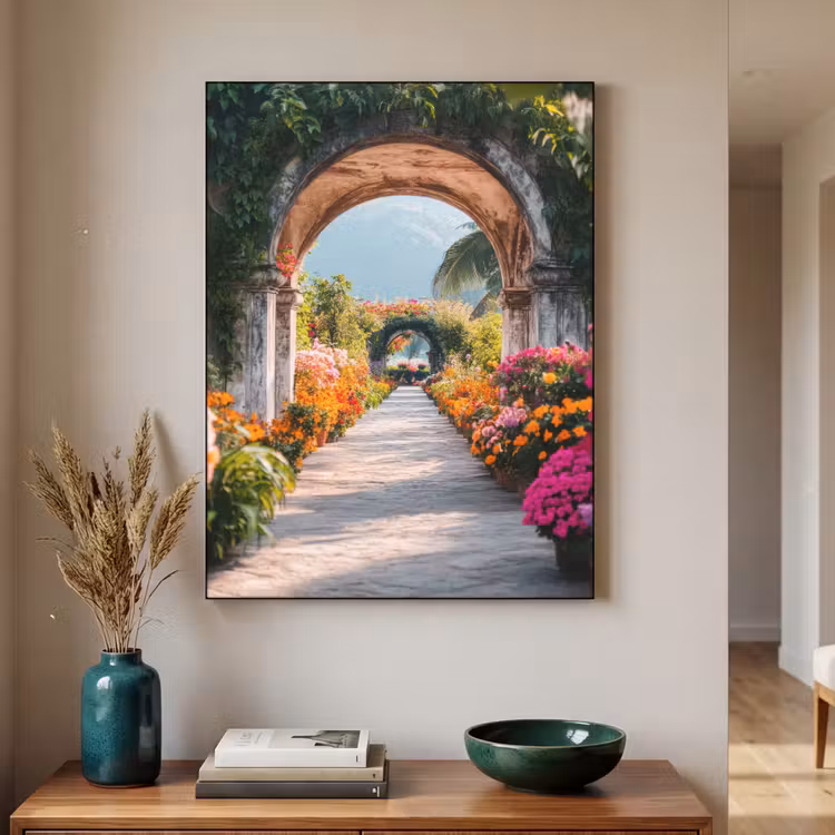 Doorkijk - Bloemen - Tropisch - Kleurrijk Textielframe - compleet frame klein -sfeer1