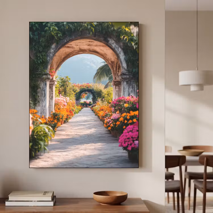 Doorkijk - Bloemen - Tropisch - Kleurrijk Textielframe zwart klein -sfeer2