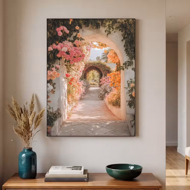 Doorkijk - Boog - Bloemen - Pastel Textielframe zwart klein -sfeer1