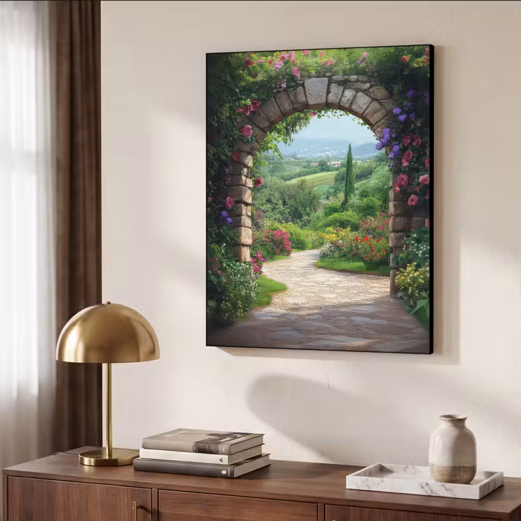 Doorkijk - Landschap - Bloemen - Pad - Uitzicht Textielframe - compleet frame klein -sfeer3