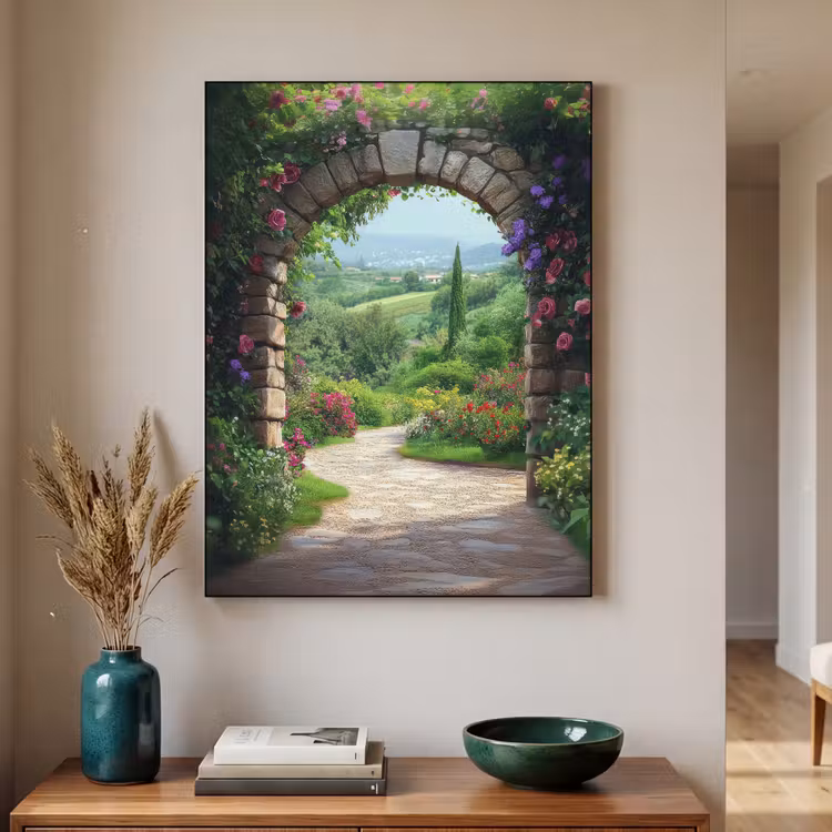 Doorkijk - Landschap - Bloemen - Pad - Uitzicht Textielframe - compleet frame klein -sfeer1