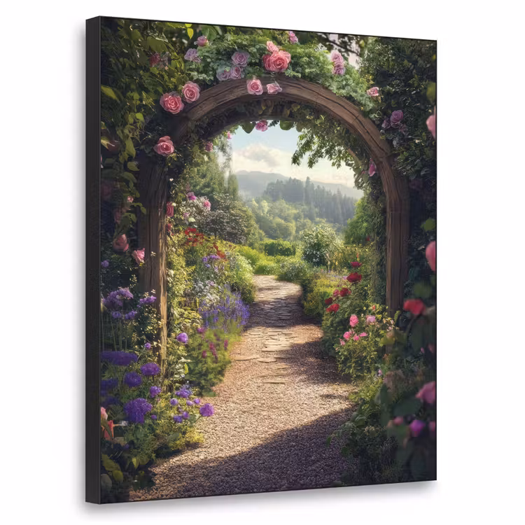 Doorkijk - Landschap - Bloemen - Rozenboog - Natuur Textielframe - compleet frame klein -3d