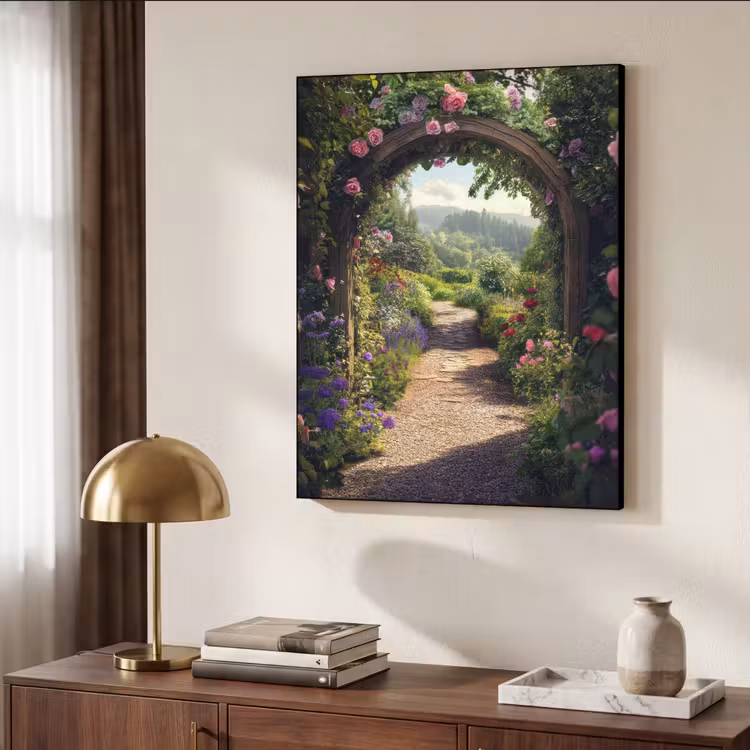 Doorkijk - Landschap - Bloemen - Rozenboog - Natuur Textielframe zwart klein -sfeer3