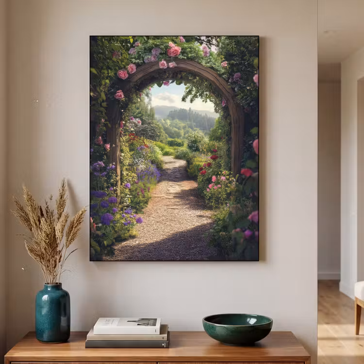 Doorkijk - Landschap - Bloemen - Rozenboog - Natuur Textielframe zwart klein -sfeer1