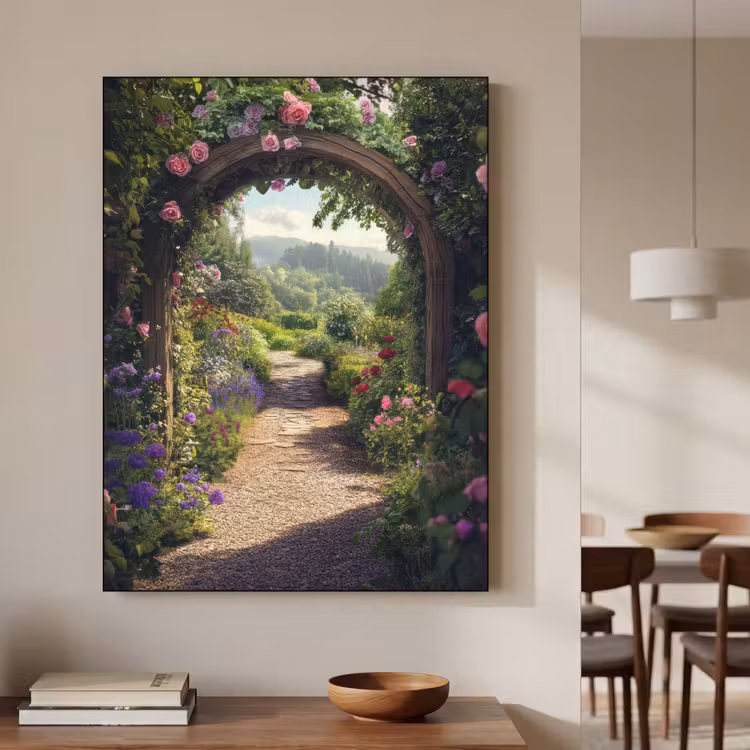 Doorkijk - Landschap - Bloemen - Rozenboog - Natuur Textielframe - compleet frame klein -sfeer2