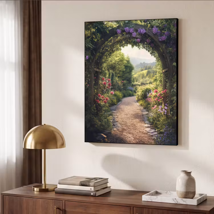 Doorkijk - Landschap - Bloemen - Tuinboog - Natuur Textielframe - compleet frame klein -sfeer3