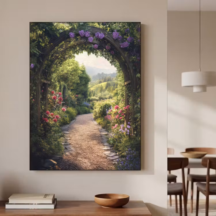 Doorkijk - Landschap - Bloemen - Tuinboog - Natuur Textielframe - compleet frame klein -sfeer2