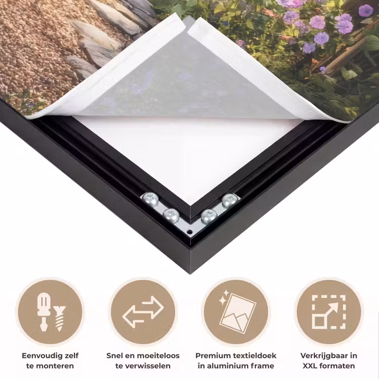 Doorkijk - Landschap - Bloemen - Tuinboog - Natuur Textielframe zwart klein -USP_closeupNL