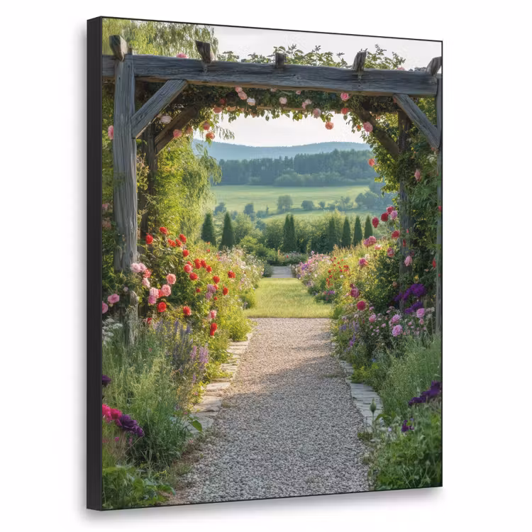 Doorkijk - Landschap - Natuur - Tuinboog - Bloemen Textielframe - compleet frame klein -3d