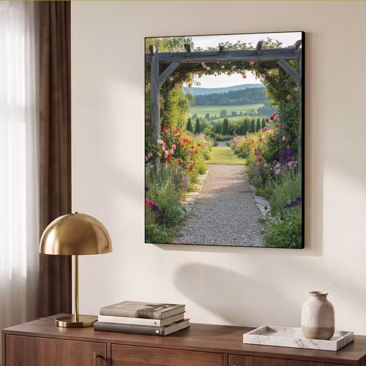 Doorkijk - Landschap - Natuur - Tuinboog - Bloemen Textielframe - compleet frame klein -sfeer3