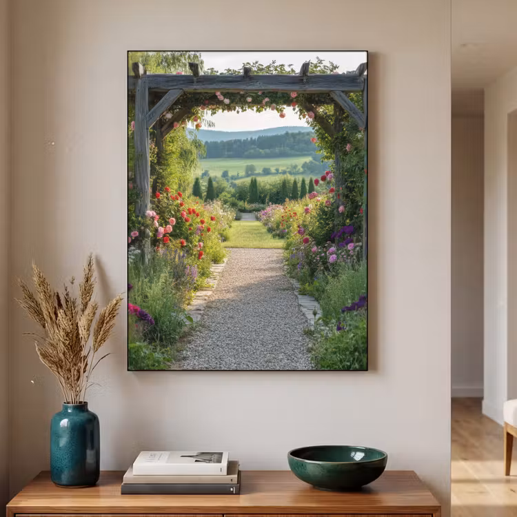 Doorkijk - Landschap - Natuur - Tuinboog - Bloemen Textielframe - compleet frame klein -sfeer1