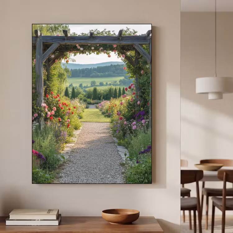 Doorkijk - Landschap - Natuur - Tuinboog - Bloemen Textielframe zwart klein -sfeer2
