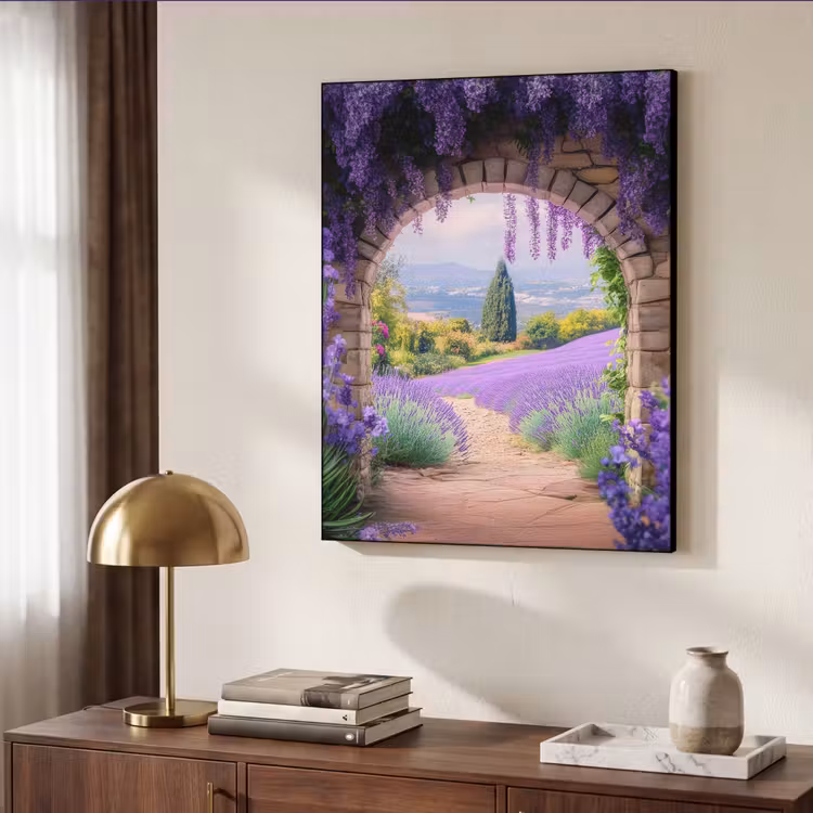 Doorkijk - Lavendel - Bloemen - Paars - Poort Textielframe zwart klein -sfeer3