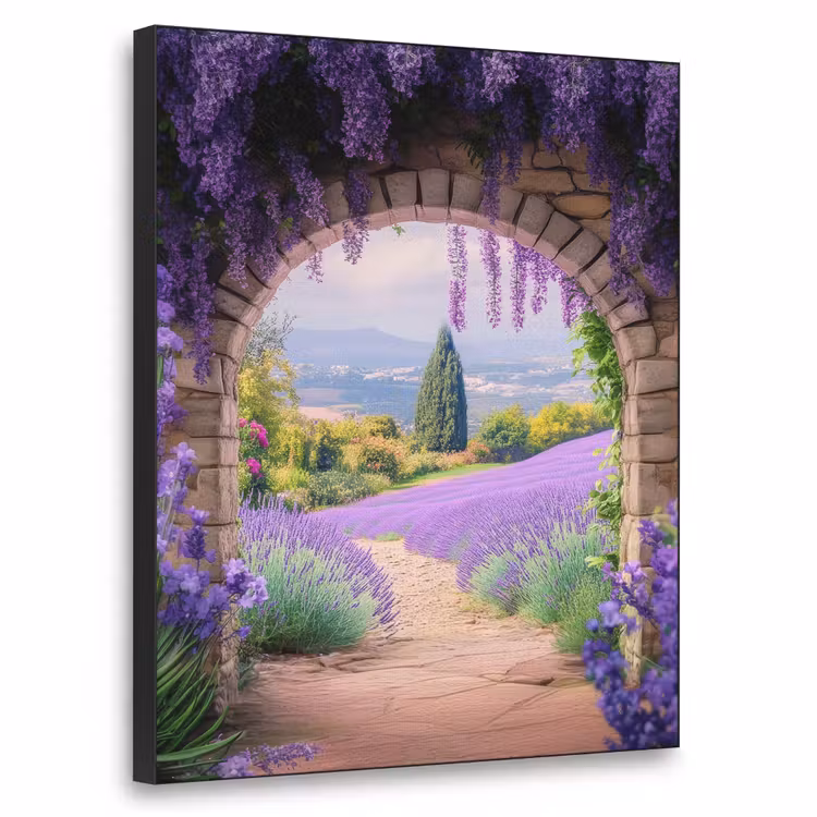 Doorkijk - Lavendel - Bloemen - Paars - Poort Textielframe zwart klein -3d