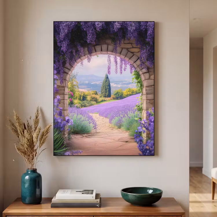 Doorkijk - Lavendel - Bloemen - Paars - Poort Textielframe - compleet frame klein -sfeer1
