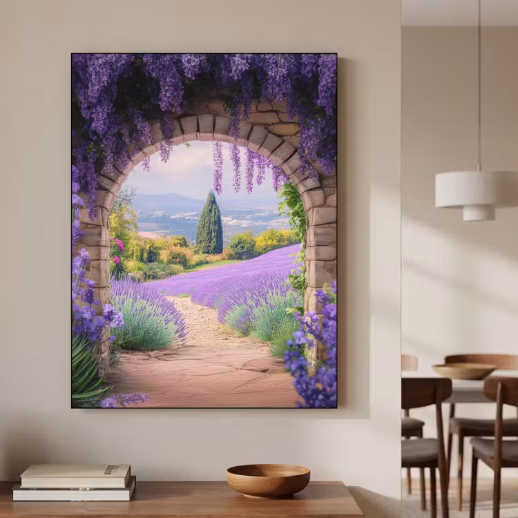 Doorkijk - Lavendel - Bloemen - Paars - Poort Textielframe zwart klein -sfeer2