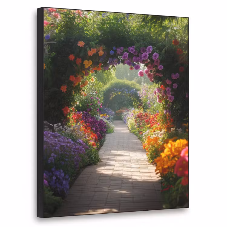 Doorkijk - Pad - Bloemen - Struik - Kleurrijk Textielframe - compleet frame klein -3d